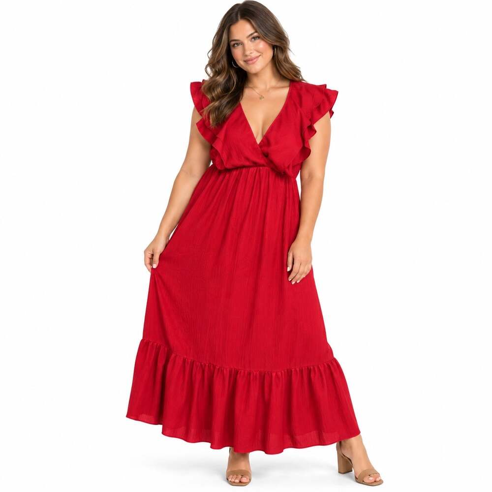 A New Day Womens Red Maxi Dress Ruffle Sleeve Faux Wrap V Neck Tiered Hem Large